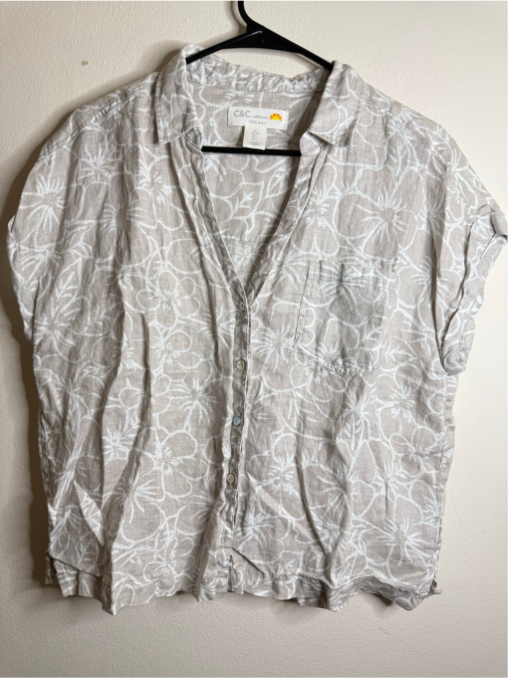 Women's C&C California 100% Linen Button Down Shirt, Size L, Beige and White